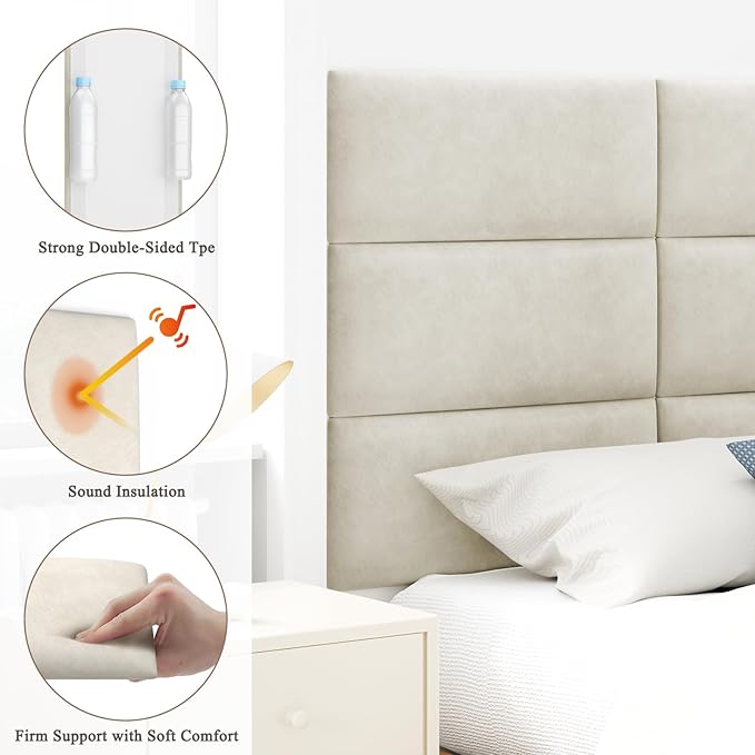 Upholstered Headboard for Queen Size Bed, Wall Mounted & Peel and Stick Headboard, Soundproof DIY Wall Panels, Leather Head Board in Modern Design for Bedroom (9 Panels, Each 23.62"x9.84"