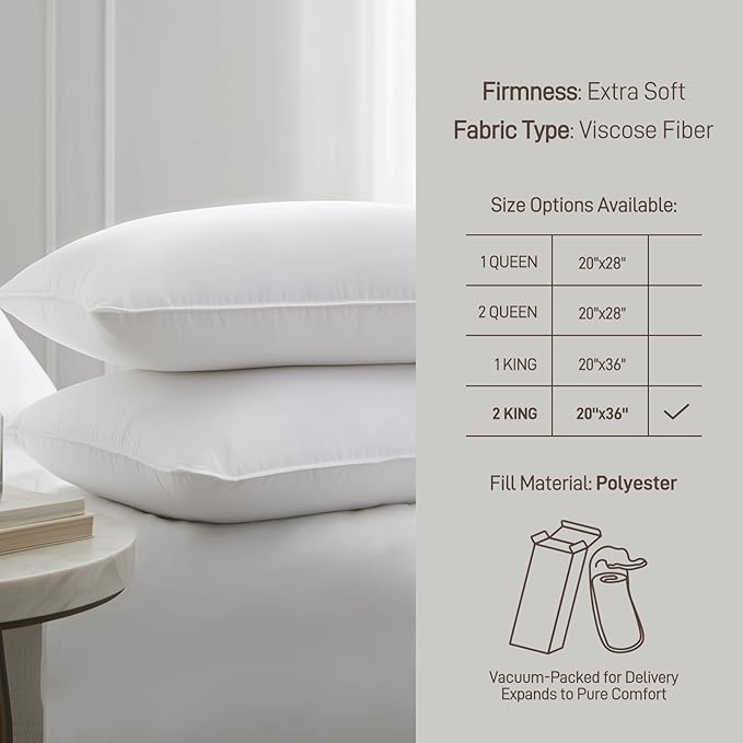 Hypoallergenic Bamboo Viscose Shell, Soft Bed Pillows King Size Set of 2 with Down Alternative Filling, Oeko-Tex Certified, Luxury Hotel Quality for Back, Stomach and Side Sleepers