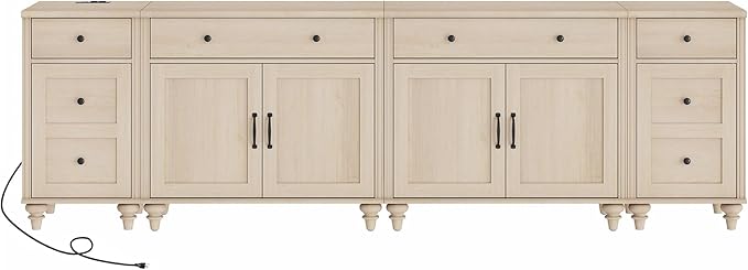 WAMPAT Farmhouse TV Stand for 100 Inch TV, 4-in-1 TV Console Table for 75/80/85/90 Inch TV, Entertainment Center with Charging Station, Kitchen Sideboard Buffet Cabinet for Dining Room, Light Oak