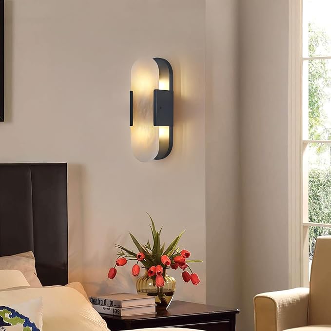 13.8 in Matte Black Alabaster Wall Sconces, Natural Marble Wall Sconces Indoor Alabaster Sconces for Living Room Modern Alabaster Sconces Wall Lighting for Dining Room Stairs Bedroom Bath