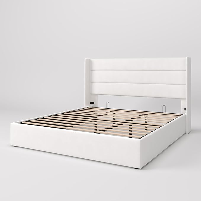 SHA CERLIN King Size Lift Up Storage Bed/Velvet Upholstered/Modern Wingback Headboard/Upholstered Platform Bed Frame/Hydraulic Storage/No Box Spring Needed/White