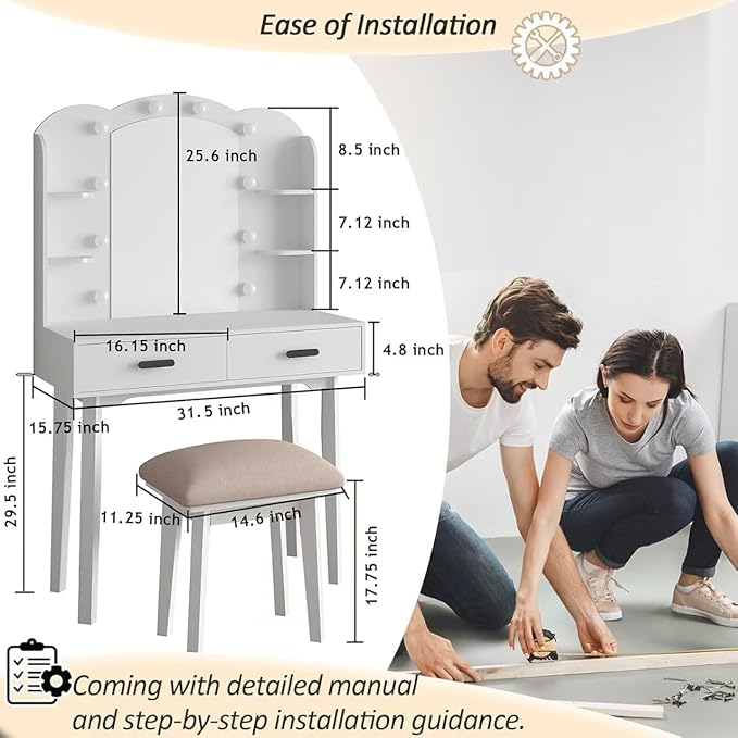 Makeup Vanity Desk with Mirror, Vanity Desk with Lights and Mirror, Makeup Vanity with Drawers and Chair White Vanity with Chair