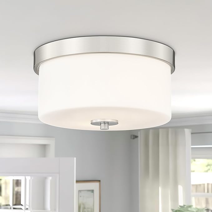 Emak Brushed Nickel Ceiling Light Fixture, Modern Flush Mount Light Fixture with Milk Glass Shade, 11 Inch 2-Light Ceiling Lights for Bedroom, Living Room, Kitchen, Hallway, Bathroom, FM082-BN-ML