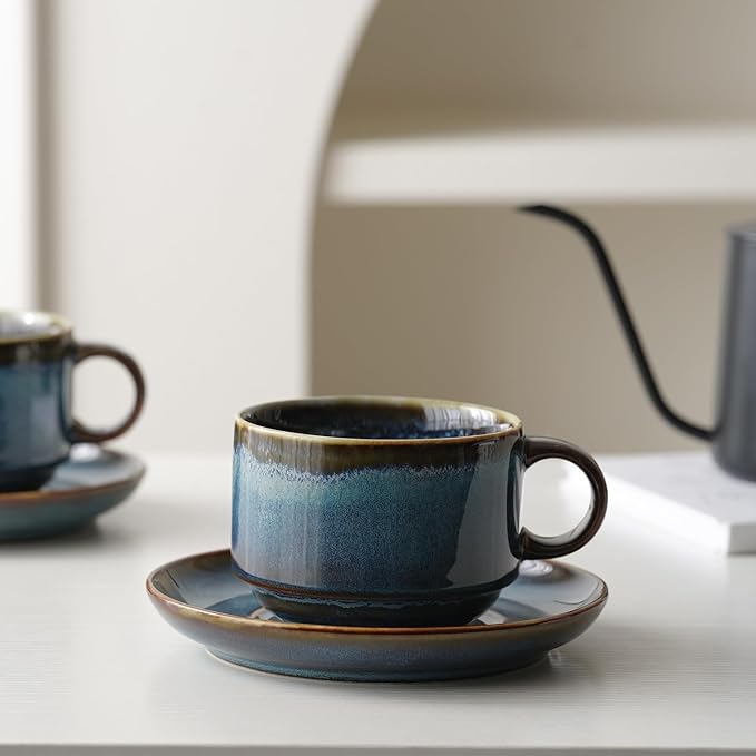 Ceramics 10oz Cappuccino Cups with Sacuer, Set of 2, Coffee Cup for Au Lait, Latte, Tea, Mocha-Set of 2, Dishwasher and Microwave, Reactive Blue