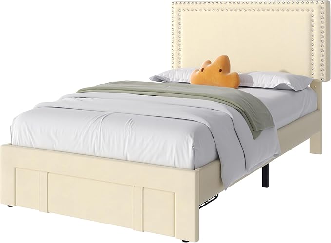 VECELO Twin Size Platform Bed Frame with Storage Drawer, Adjustable Velvet Rivet Decor Headboard, Wooden Slats Support, No Box Spring Needed, Easy Assembly