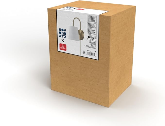 GLOBE Electric x Novogratz 65000053 1-Light Hardwire or Plug-in Wall Sconce, Matte Brass, White Textured Shade, Arched Arm, Lighting, Home Decor, Lights for Bedroom Plug in