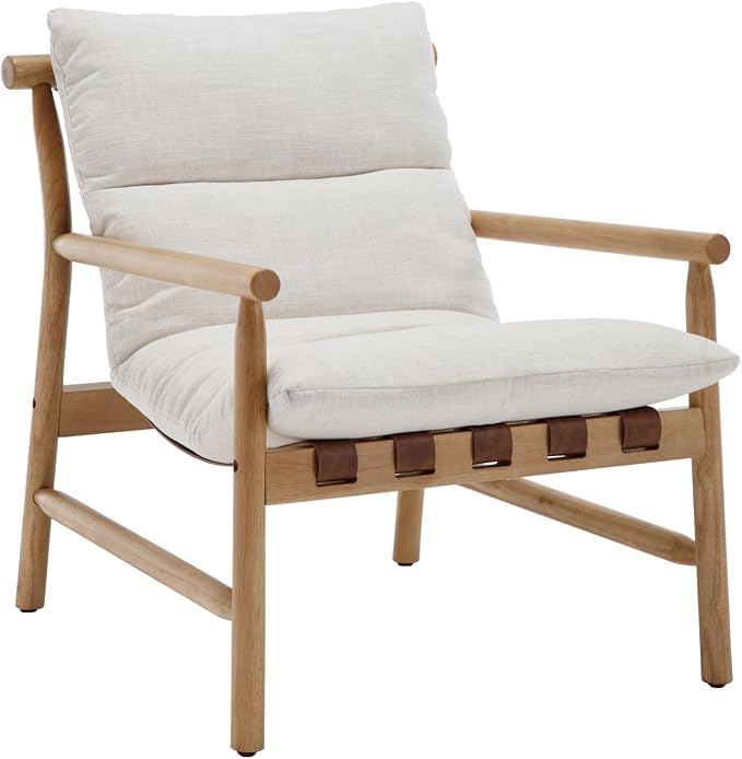 Modern Accent Chair Upholstered Armchair - Solid Wood Lounge Chair with Removable Cushion, Low Back Reading Chair for Living Room/Bedroom/Balcony, Beige Linen Sofa Chair (Easy Assembly)