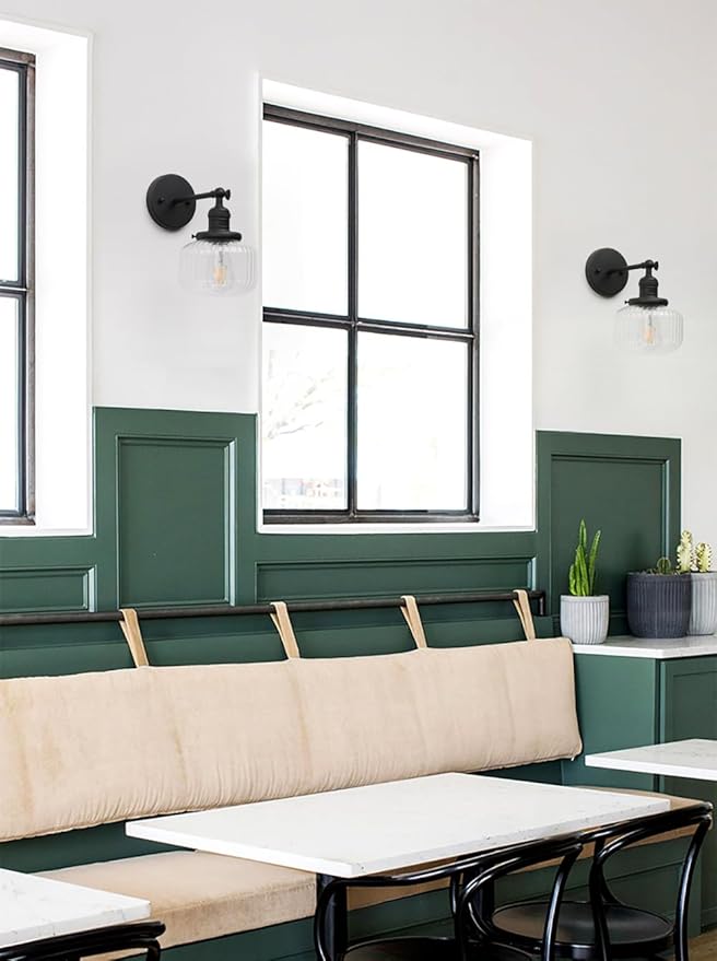 Industrial Vintage Wall Sconce 1-Light with Clear Striped Glass Globe Shade Indoor Wall Mounted Lamp Fixture (Black)