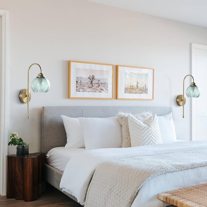 KCO Lighting Vintage Green Glass Wall Light with Brushed Brass Arm - Large Globe Sconce, Gold Finish - Mid Century Modern, Unique Bathroom Wall Lamps