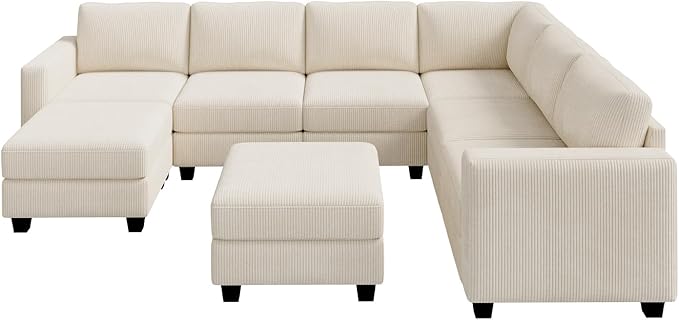 HONBAY Corduroy Sectional Couch with Storage U Shaped Sectional Sofa Modular Sectional Couches for Living Room, Beige