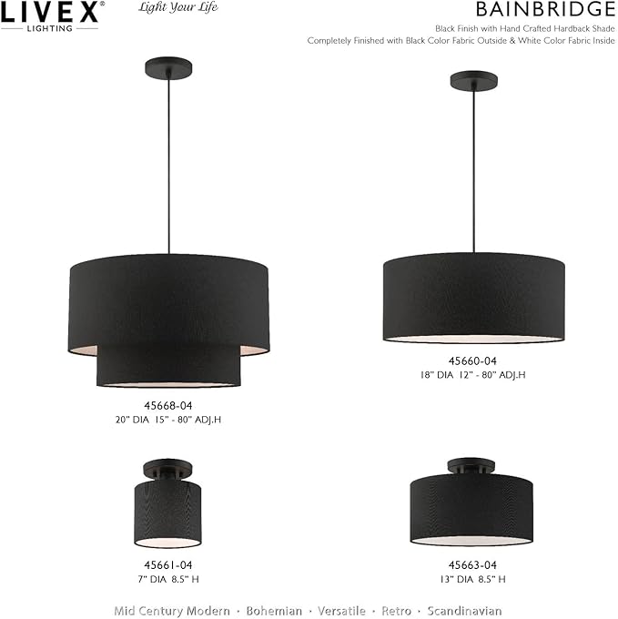 Livex Lighting Bainbridge 1 Light Black Color Fabric Ceiling Mount