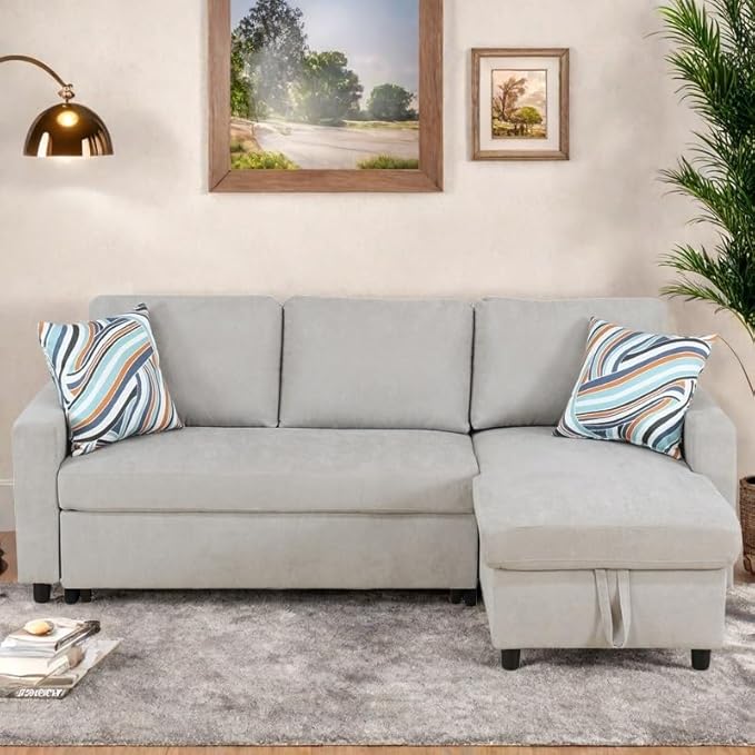Sofa Bed Pull Out Couch, Convertible L Shaped Sleeper Sofa with Storage Chaise, Modern Lounge Small Sectional Couches for Living Room Small Spaces, Grey