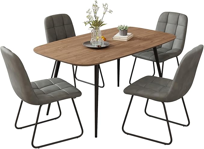 47.2'' Dining Table Set for 4,Modern Wood Dining Table,Leather Dining Chairs 4,Table and Chairs Set of 4,Ideal for Kitchen Dining Room (Walnut Color Table + 4 U-Shaped Gray Chairs, 47.2")