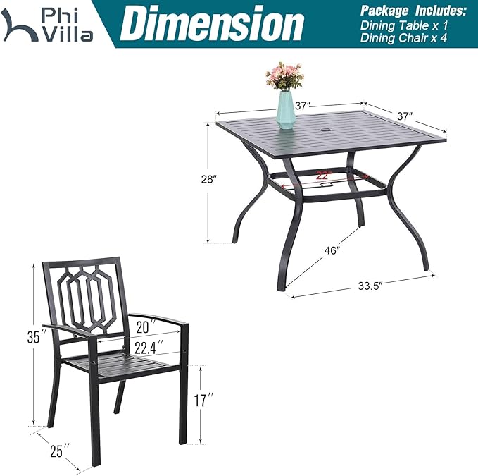 PHI VILLA 5-Piece Metal Patio Outdoor Table and Chairs Outdoor Dining Set - 37" Square Patio Table w/1.57" Umbrella Hole and 4 Backyard Garden Stackable Dining Chairs, Black