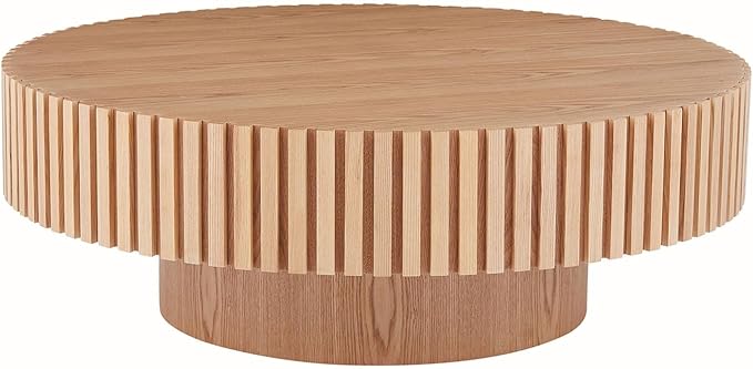 Round Coffee Table for Living Room, Accent Fluted Drum Coffee Table with Storage, Modern Solid Wood Circle Center Tea Table for Small Space Apartment (35.4''D×14''H-Natural)
