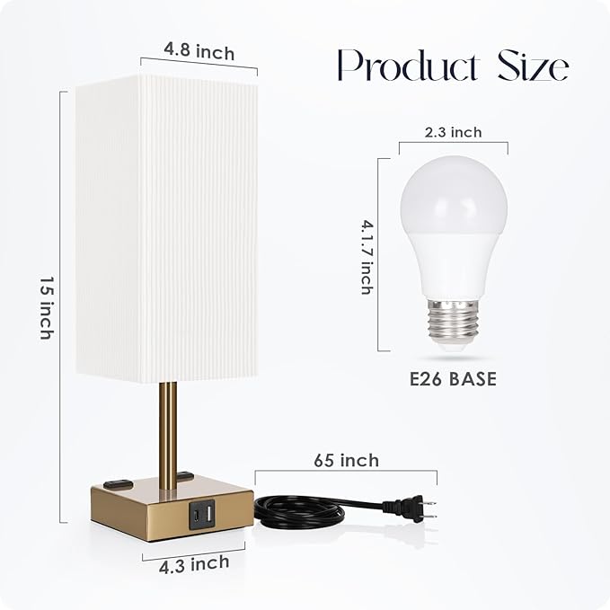 Bedside Lamp with USB Ports - Touch Control Table Lamp for Bedroom with USB C+A Ports & AC Outlets, 3 Way Dimmable Nightstand Light with Pleated Shade for Living Room(Bulb Included)