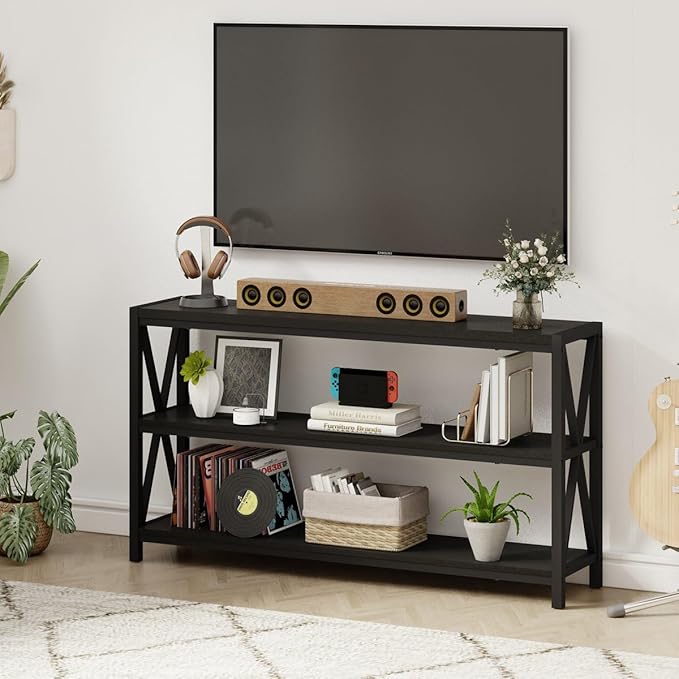 FATORRI Console Table for Entryway, Long Sofa Table with Shelves Under Window, Wood and Metal Hallway Tables for Foyer (55 Inch, Black)