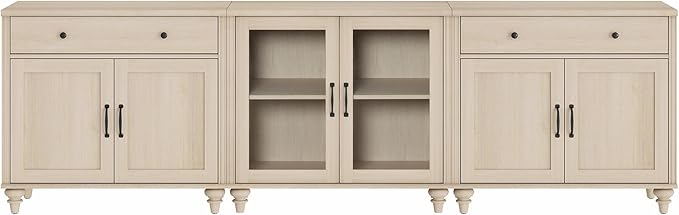 WAMPAT Farmhouse TV Stand for 100 Inch TV, 3-in-1 TV Console Table for 75/80/85/90 Inch TV, Entertainment Center with Glass & Wood Door, Kitchen Sideboard Buffet Cabinet for Dining Room, Light Oak