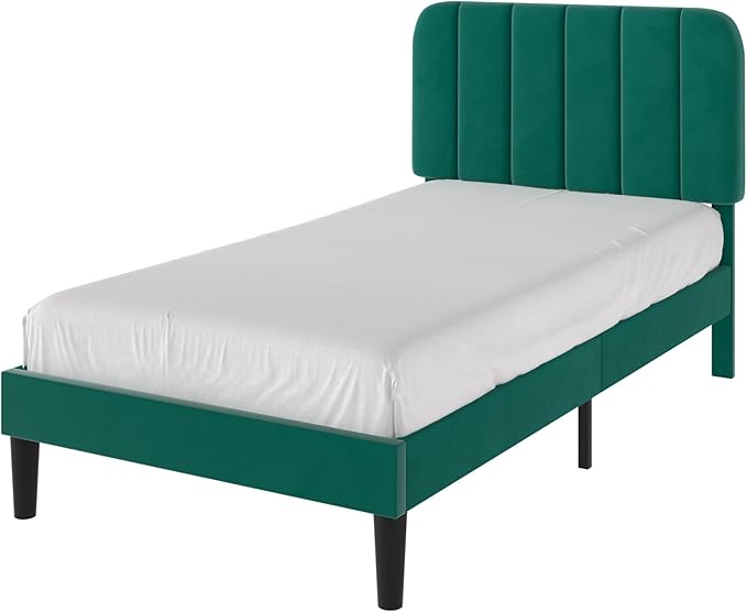 VECELO Twin Size Bed Frame with Upholstered Headboard, Velvet Platform Bedframe Mattress Foundation, Strong Wood Slat Support, No Box Spring Needed,Green