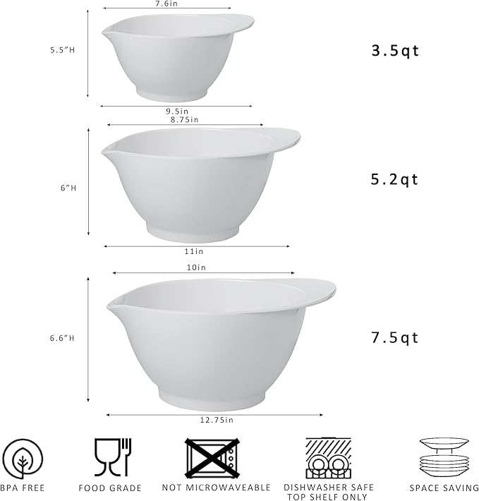 LEHAHA Melamine Mixing Bowls with Pour Spout, set of 3, Non-Slip Nesting Design, Nesting Salad Serving Bowl with large handle for Prepping, Baking, Cooking, Kitchen Cooking and Baking Supplies, White