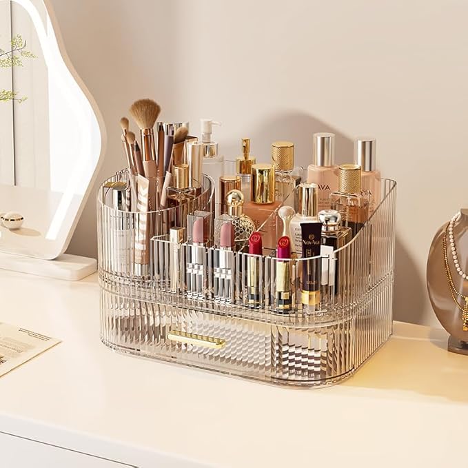 360° Rotating Makeup Organizer with Drawer, Clear Acrylic Cosmetic Storage Display, Stackable Beauty Counter (Clear, Large (Tray + 1 Drawer))