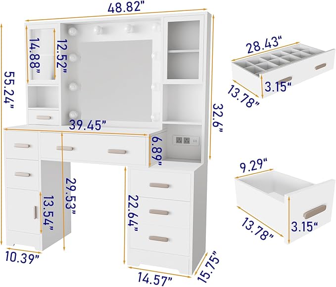 DYHOME Makeup Vanity Desk with Mirror and Lights & Charging Station, White Vanity Desk with 3 LED Light Modes, Make up Vanity Table with 7 Drawers & 3 Cabinets for Bedroom