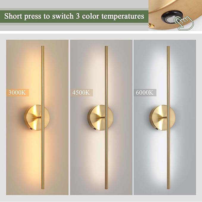 Wireless USB Rechargeable LED Wall Sconce Light (Set of Two), Cordless Dimmable 3-Light Option, 360⁰ Rotateable with Remote Control for Bedroom, Bathroom, Living Room & Hallway (Gold)