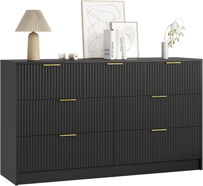 7 Drawers Dresser for Bedroom,55" Wide Fluted Dresser with Deep Drawers, Modern Chest of Drawers, Wood TV Stand Storage Organizer for Closet, Living Room, Hallway, Black