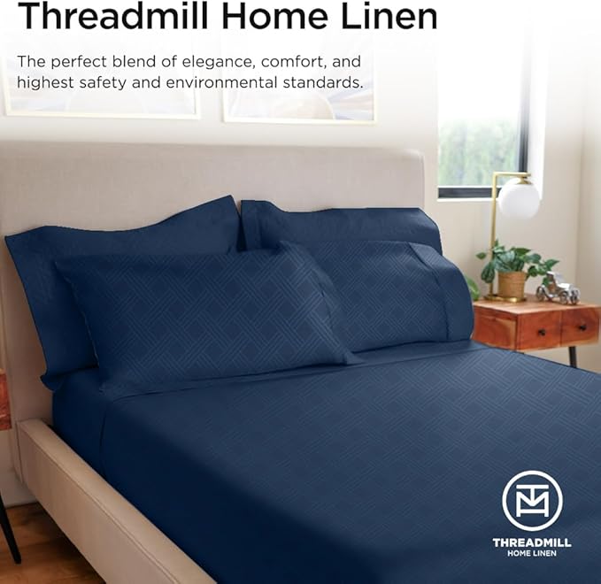 Threadmill California King Size Sheets | 800 Thread Count Jacquard Folkstone Blue | 4 Piece Striped Bed Sheets | Extra Long Staple Cotton Sheets | Luxury Damask Sheet with Elasticized Deep Pocket