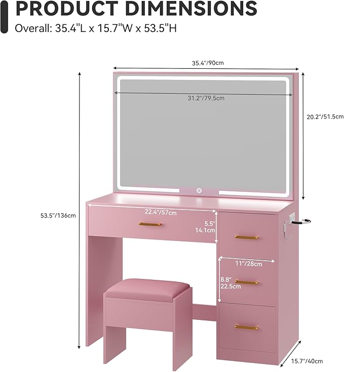 YITAHOME Makeup Vanity Table Set with Touch LED Mirror, Built-in Power Outlets, 4 Storage Drawers, Hair Dryer Holder, Cushioned Stool, Pink