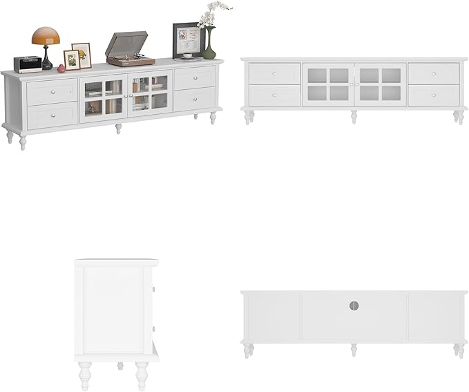 70.9" W Vintage TV Stand with Glass Doors for Televisions up to 75", Modern Entertainment Center Media Console Table with Drawers & Carved Legs for Living Room & Home Theater, White