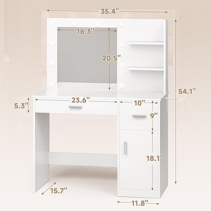 JUMMICO 35.4" Vanity Desk with LED Mirror & Power Outlet, Makeup Vanity Table with 3 Open Storage Shelves, Drawers and Cabinet, 3 Model Adjustable Lights for Bedroom & Dressing Room (White)