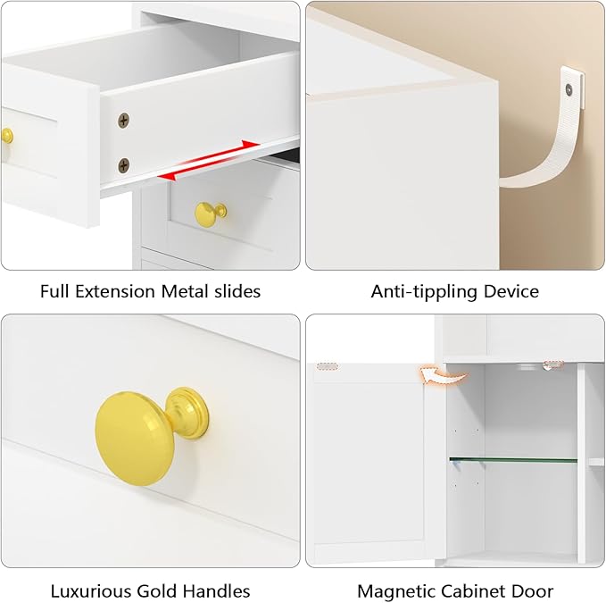 75" Vanity Desk with Mirror and Lights, Makeup Vanity with 5 Drawers & 2 RGB Door, White Vanity with Charging Station, Big Vanity Table with Lighted Mirror, 3 Color Lighting Modes, for Bedroom