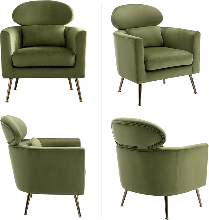 Accent Chair Upholstered Barrel Arm Chair for Living Room Bedroom Reception Room Office, Modern Soft Padded Single Sofa Chair with Golden Legs & Lumbar Pillow, Velvet Green
