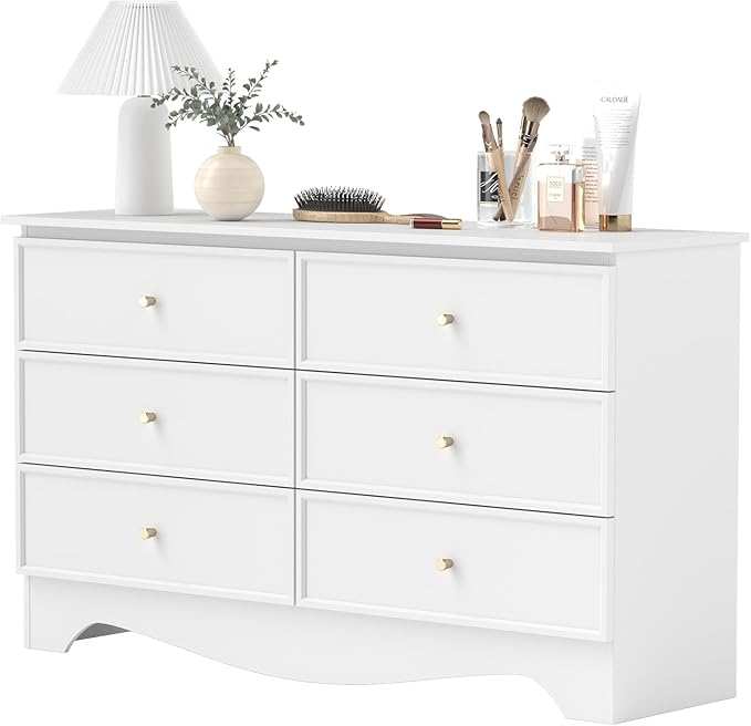 Bonzy Home White 6 Drawers Dresser, Modern Wide Chest of Drawers Dresser with Golden Handles, Wood Storage Organizer for Bedroom, Living Room, Hallway