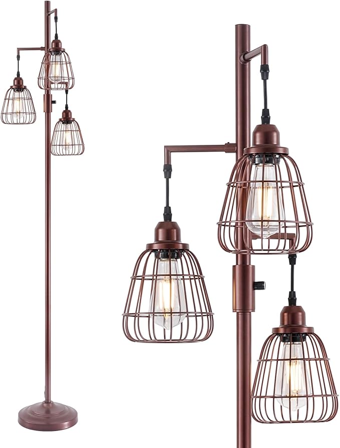 9MMML Dimmable Floor Lamp,Industrial Farmhouse Tall Standing Floor Lamp for Living Room, Bedroom Office,3 Teardrop Cage Lampshade,3 LED Bulbs Inculded. 68'' Tall