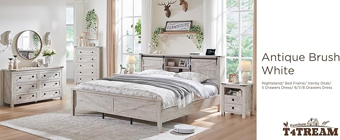 T4TREAM Nightstand with Charging Station, End Table, Side Table with 2 Drawers Storage Cabinet for Bedroom, Living Room, Farmhouse Design, Wood Rustic, Antique Brush White