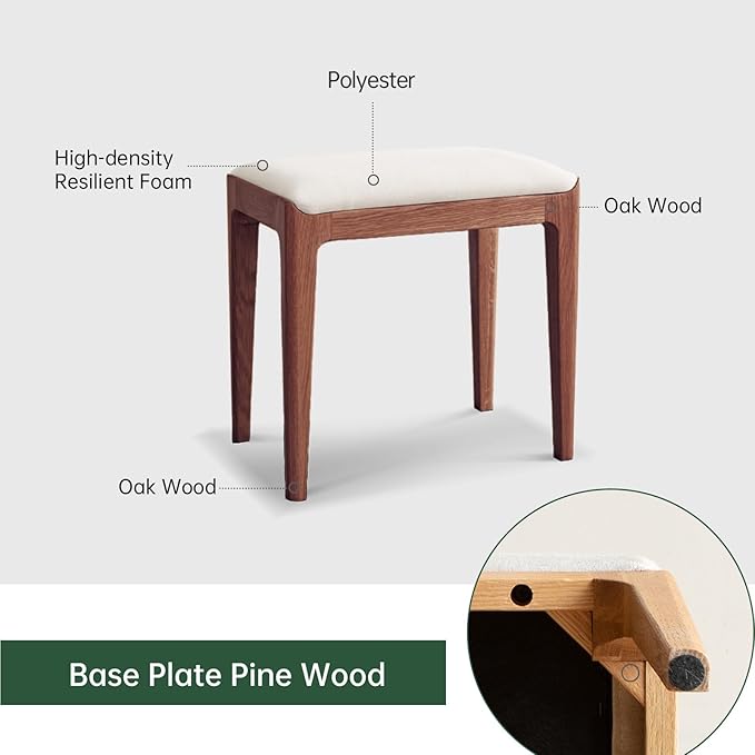 Solid Wood Small Vanity Stool Chair, High-Rebound Sponge Seat, Fully Assembled Makeup Chair, Footstool for Bedroom, Dining Room, Entryway, Walnut