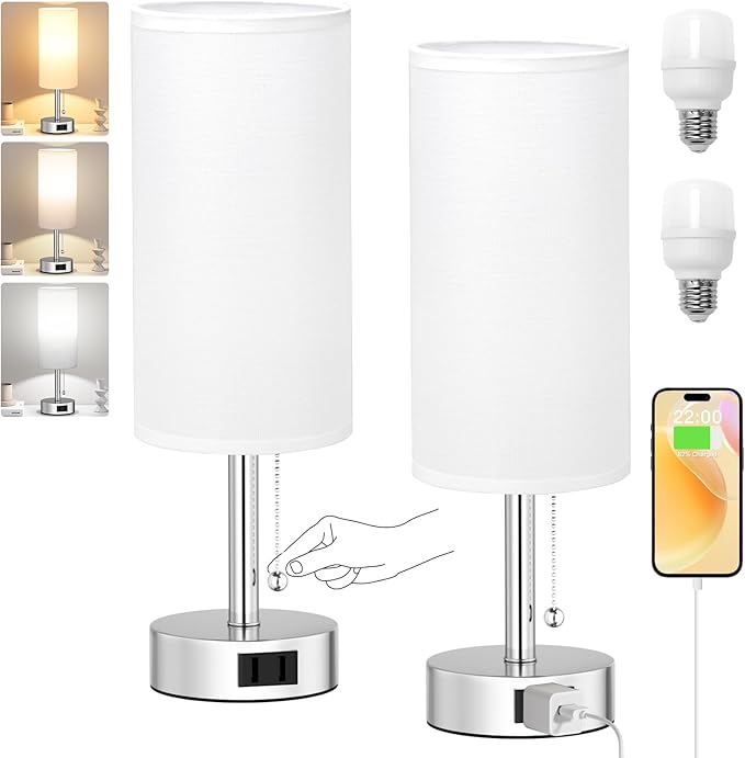 White Silver Bedside Table Lamps Set of 2-3 Color Temperatures Pull Chain Lamp with AC Outlet Charging Port, Two Round Night Stand Lamps for Bedroom, Small Bed Side Light with E26 LED Bulbs