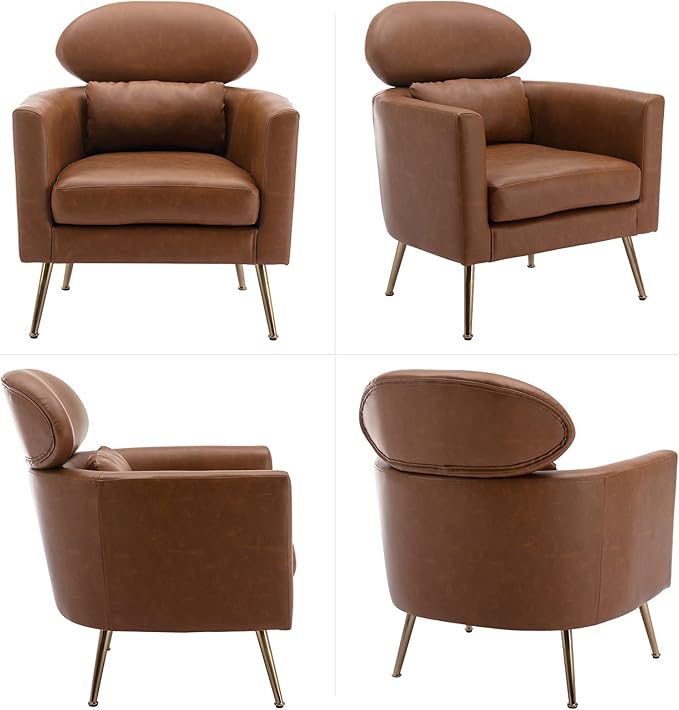 Accent Chair Set of 2 Upholstered Barrel Arm Chair for Living Room Bedroom Reception Room Office, Modern Soft Padded Single Sofa Chair with Golden Legs & Lumbar Pillow, PU Brown