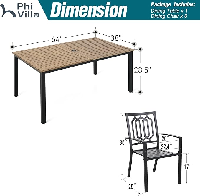 PHI VILLA Outdoor Table & Chairs Wrought Iron Patio Furniture 7 Piece, Large Dining with Umbrella Hole 6 Backyard Garden Support 300LBS for Deck, Lawn, Garden, Black Style 3, Brown-64'' x 38'' 29''