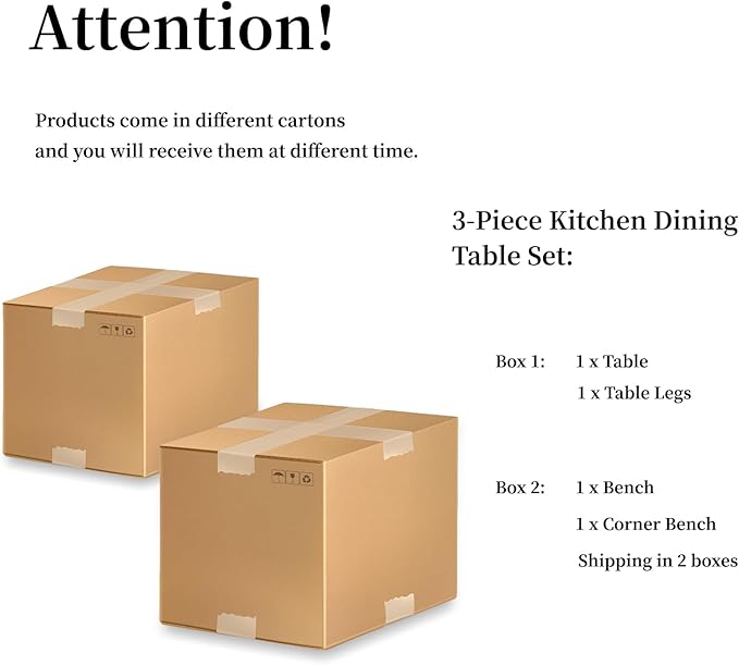 3 Piece Dining Table Set with Bench, 42.9 Inch Modern Kitchen Table with Left Seat Corner and 43.3 Inch Bench for Family Dining Room Furniture