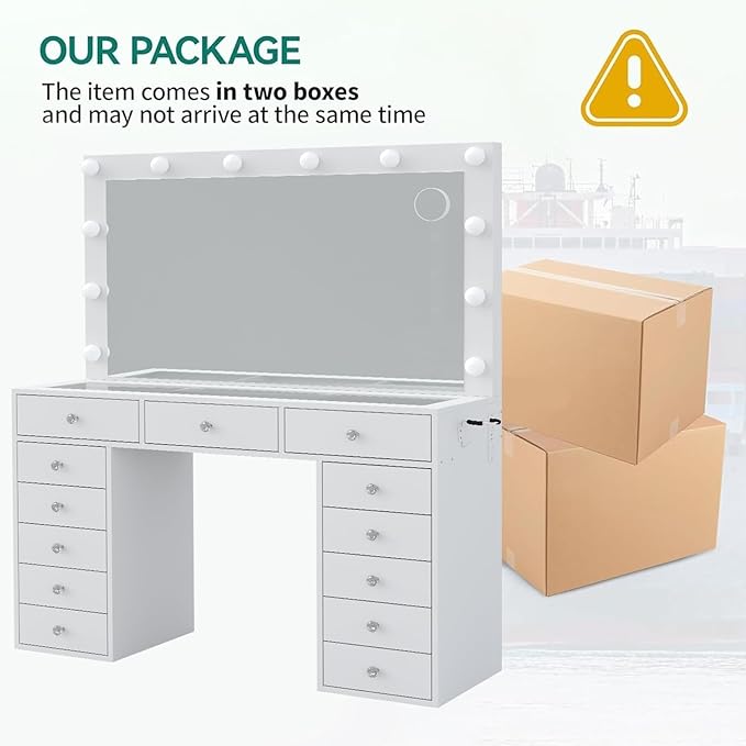 13 Drawers Vanity Desk, 47''W Makeup Vanity with Power Outlet, Vanity Table with Mirror and 12 LED Bulbs, 3 Color Lighting Modes, Glass Top, Dressing Table for Bedroom (White)