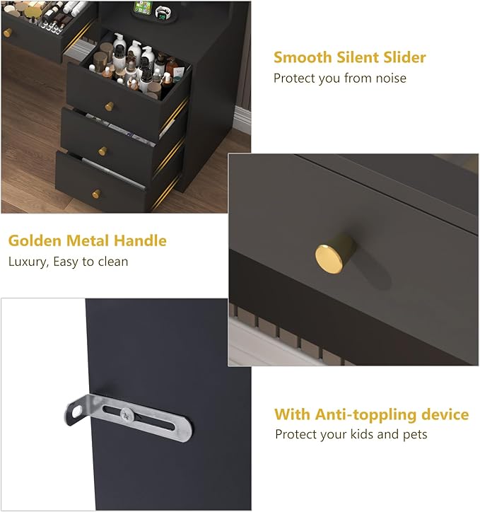 62" Large Black Vanitys Desk w/ Tempered Glass Top,60000-color LED Lights,Power Outlet, Make up Vanity w/ 3 Lights Mode LED Mirror,9 Drawers,2 RGB Cabinet LED Vanity Table for Women,Girls