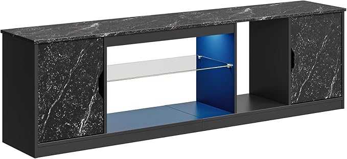 Bestier LED TV Stand for 65/70/75/80 Inch TV, 70 inch Gaming Entertainment Center with Adjustable Glass Shelves & Storage Cabinet for PS5, Xbox, Modern TV Console Table for Living Room, Black Marble