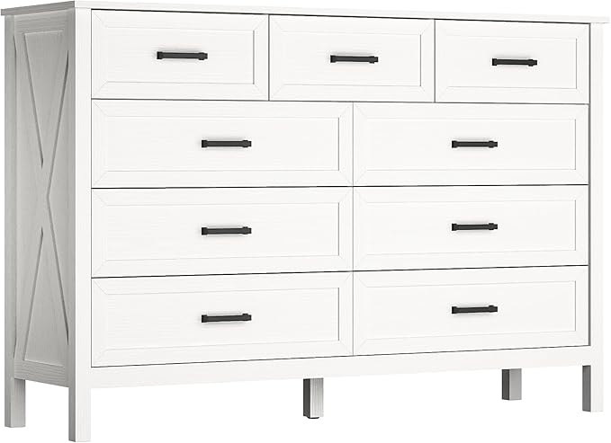 Farmhouse 9 Drawers Dresser for Bedroom, 37 Inch Tall Wood Rustic Wide Chest with Natural Texture, Large Dressers for Bedroom, Hallway, Entryway, White