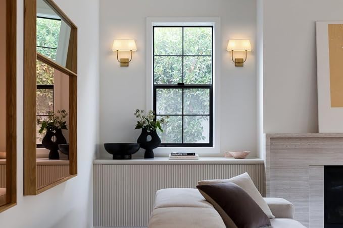 Vintage 2-Lights Wall Sconces with White Fabric Lampshade, Double Head Bathroom Vanity Lights Fixture in Antique Brass, Indoor Wall Lamps for Bedroom Living Room Hallway Stairway