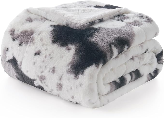 Cozy Bliss Cow Print Faux Fur Throw Blanket, Animal Printed Blankets Super Soft Warm Thick Fluffy Throws Home Decor for Couch Bed Sofa Women (Black&Grey Cow, 60x80 Inches)