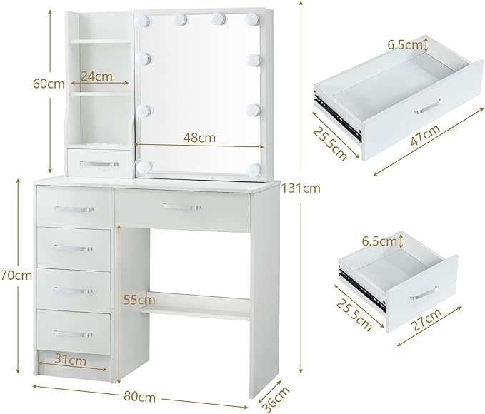 Dressing Table with Power Outlet for Hair Dryer, Phone Charging, Vanity Set with Miror and Lights, 5 Drawers and 6 Cabinets, Makeup Table for Girls, White