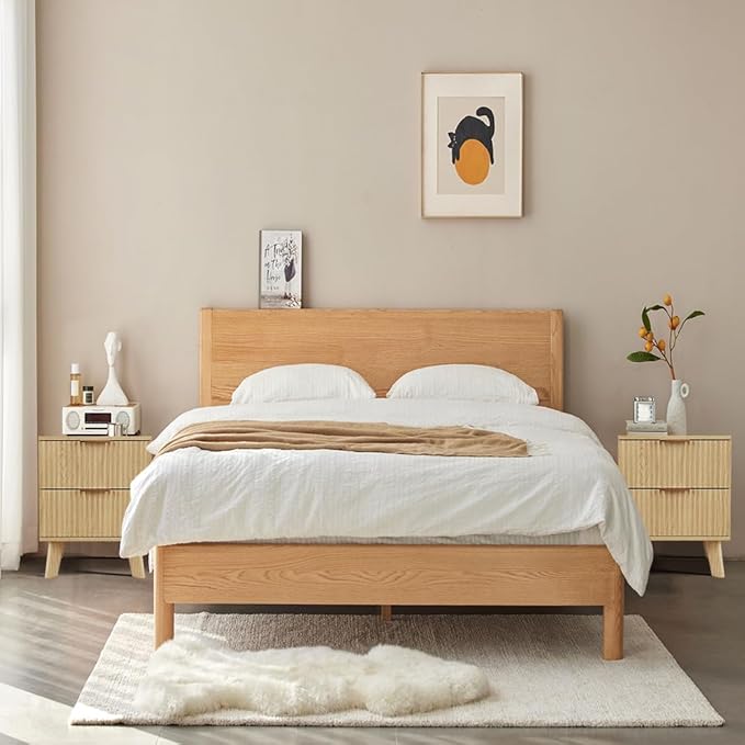 Fluted 2 Drawer Small Dresser for Bedroom, Mid Century Modern Nightstand with Drawers, Low Bedside Table with Drawers, End Table Short Storage, Living Room, Dorm -Natural